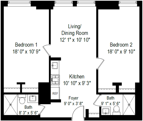 Floor plan for 2 beds, 2 baths, 820 sqft